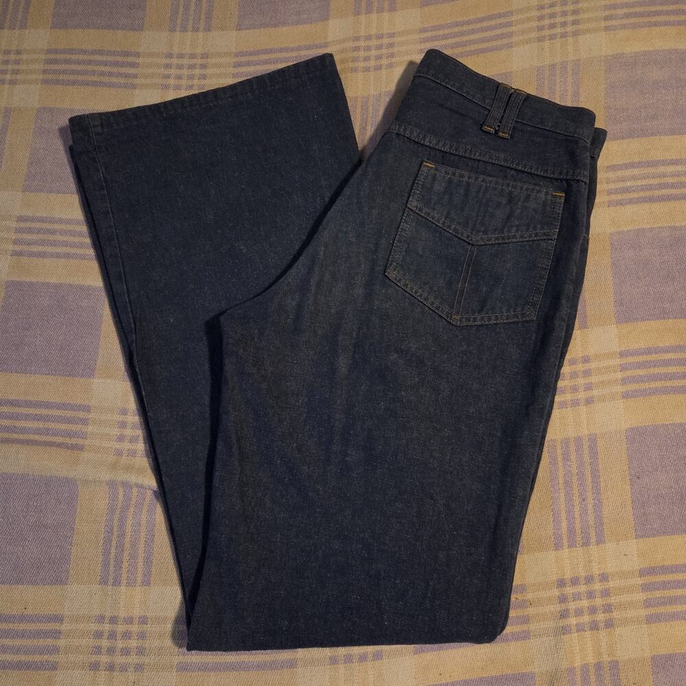Vintage 70s Bell Bottom Jeans Farm Pants Snap Disco Flare Dark Denim 31 x 32